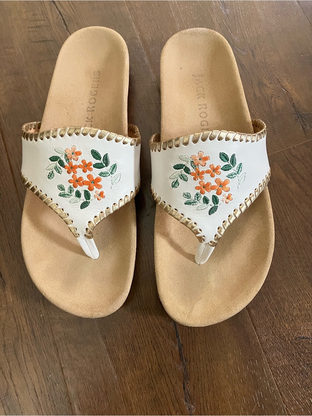 Jack Rogers Comfort Jacks Orange Blossom. White Leather Thong Sandals.